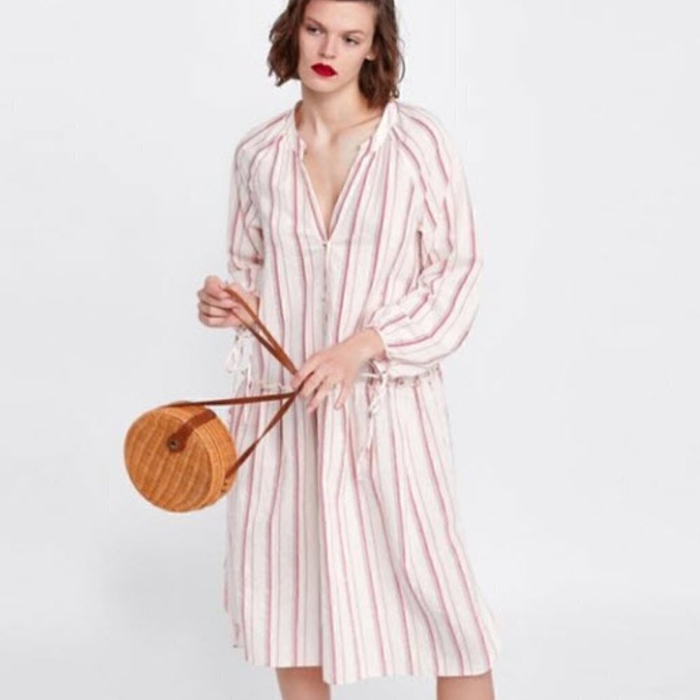 Zara Woman Striped Shirt Dress Cream/Red XS Cream with Red & Gray Stripes